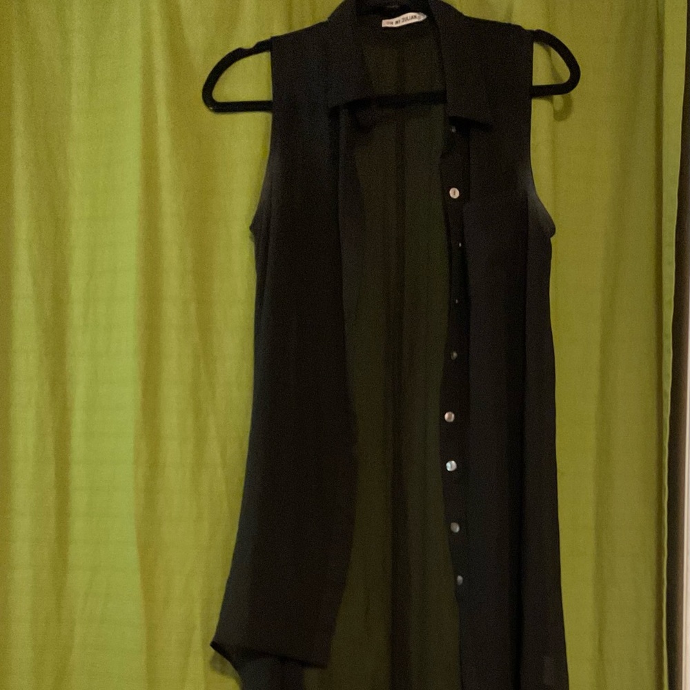 Sheer short front/long back button up sleeveless blouse